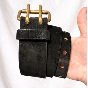 J. Crew Black Suede Wide Belt Brass Double Prong Buckle Womens Waist 26.5"